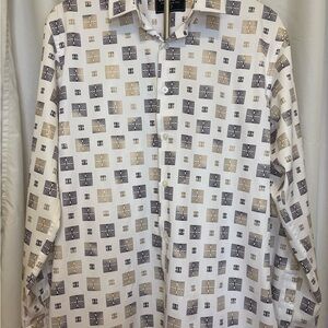 Lamasini Mens L Button Down Long Sleeve Black and Gold Geometric Funky Retro‎